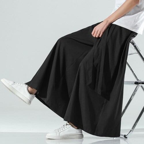 Cozy Black Ice Silk Hakama Kung Fu Pants With A Wide Bottom Wushu Kimono Chinese Mens Cotton Wide Pants For Mens East Style Grey