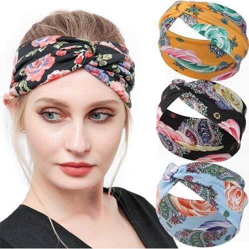 New Bohemian Elastic Hair Bands Bow Hairbannds Cross Print Headband for Women Turban Bandage Bandanas Hair Accessories Headwear