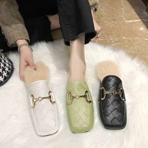 2021 Furry Slippers Womens Fall/Winter Wear New Lazy Baotou Half Slippers Flat Rabbit Fur Mules