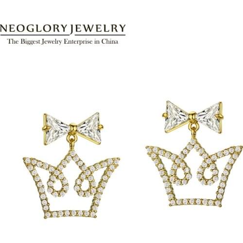 NEOGLORY Zircon Bowknot and Hollow Cute Crown Stud Earrings for Women Statment Party Drop Hanging Accessories Gift For Girlfrien