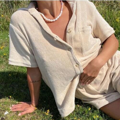 Super Velvet Button POLO Shirt+Shorts 2-Pieces Sets for Women Sexy Beach Ladies 2021Summer Loose Streetwear Female Outfit Solid