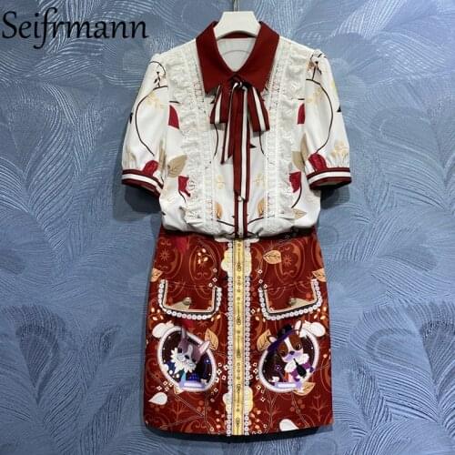 Seifrmann New 2021 Summer Women Fashion Fashion Designer Skirts Set Lantern Sleeve Ruffles Blouses + High Waist Print Skirt Suit