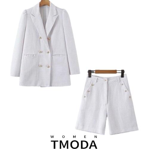 2021 Autumn Women Fashion Vintage White Tweed Blazers Jackets And Ladies Chic Button Shorts Female Suit Coat Outwear 2 PCS Sets