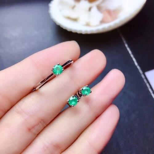 Natural green emerald ring earrings Natural Gemstone Jewelry Set 925 Silver Elegant Simple small round Women party gift jewelry