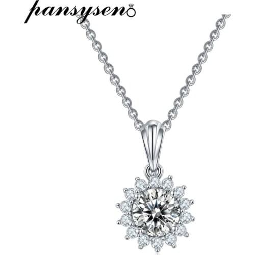 PANSYSEN 100% 925 Sterling Silver Flower 1CT Real Moissanite Pendant Necklaces for Women Bridal Wedding Enagagement Fine Jewelry