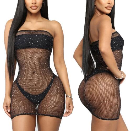 Women´s Rhinestone Mesh Dress Fishnet Bling Bikini Cover Up Sequin Skirt