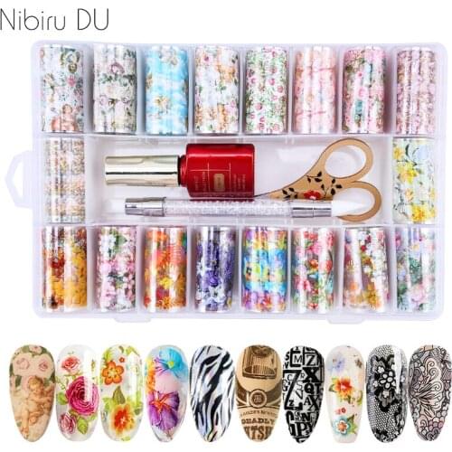 1 Box Nail Transfer Foil Sticker Set Starry Decals Paper With Glue Scissors Silicone Pen Nails Art Decoration Accessories Kit