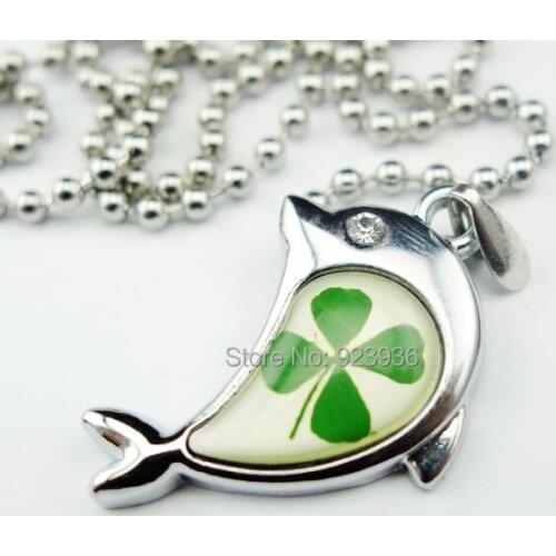 FREE SHIPPING 10 PCS St. Patricks Day Real Four Leaf Clover Chic Dolphin Shape Necklace Stainless Steel Ball Bead 70 CM Chain