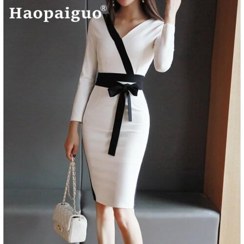 2019 Autumn Winter Contrast Black Dress Women with Sashes White Work Office Dress Women Casual Bodycon Dress Women Ropa Mujer