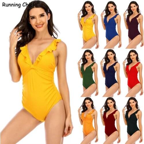 2021 New Bikini Solid-colored Fly-side Pumping Belly Split Hot Spring Swimsuit Girl, Bathing Suit Women One Piece