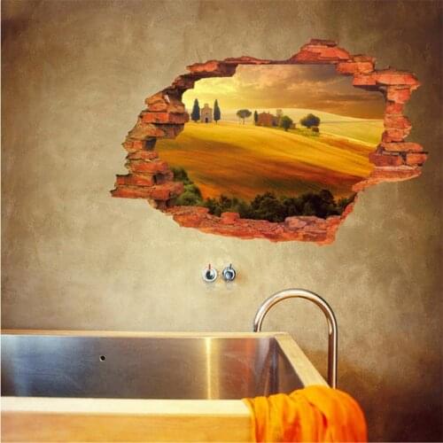 3d Broken Wall Scenery Sunset Dusk Desert Village Wall Stickers For Living Room Sofa Decoration Decals PVC Art Mural Poster