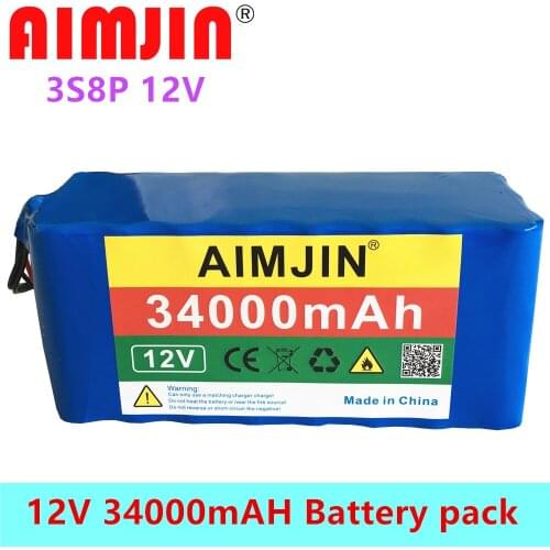 3S8P 12V 34000mAh High Capacity Rechargeable 18650 Li-Ion Battery Pack protection board 12V 34A+Charger