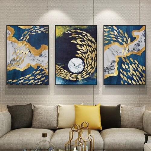 Abstract golden fish birds Canvas Art Modern Painting Poster Print For Living Room Aisle Entrance Fashion Artistic Wall Decor