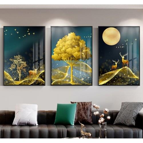Spray Color Abstract Scenery Yellow Lines Mountain Tree Moon Canvas Painting Wall Picture Printing Poster Living Room Decoration