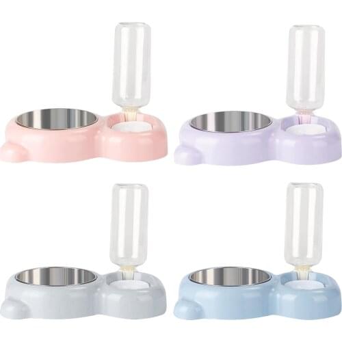 Double Dog Cat Water and Food Bowl Set Automatic Water Dispenser Bottle Pet Food Feeder Dish for Small Medium Size Dog Cat