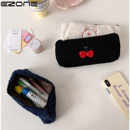 EZONE Embroidery Cherry Plush Pencil Bag Simple Fashion Pencil Bag Kawaii Stationery Pouch Bag Chool Supplies Child Kids Gift