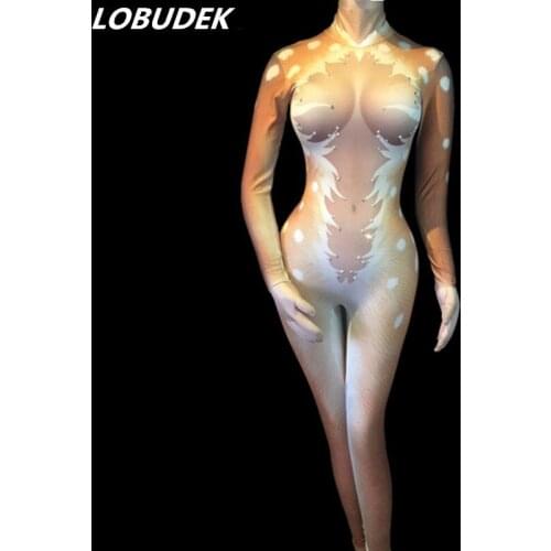 Christmas Party Women Bar Nightclub Costume Crystals Printing Elastic Skinny Jumpsuit Sexy Pole Dance DJ Performance Stage Wear