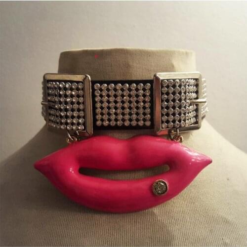 100% Handcrafted Leather Choker with Red Lip Sexy Crystal Buckle Collar Punk Gothic Red Mouth Necklace