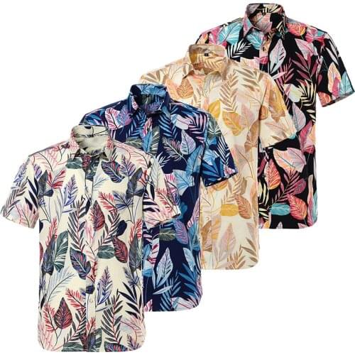 Summer Beach Man Shirt Short Sleeve Hawaiian Print 100% Cotton Regular Fit Flower US Size Blouse