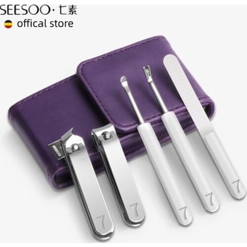 Seesoo Manicure Set Fingernail Clippers Scissors Nail File Dead Skin Push Set Nail Cutter Grooming Tool With Leather Case Kit