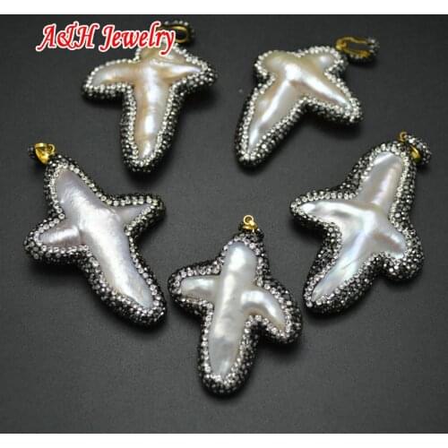 Natural Real Freshwater Pearls Cross Shape Necklace Pendants Rhinestone Crystal Paved For Fashion Luxury Women Jewelry 5pc/lot