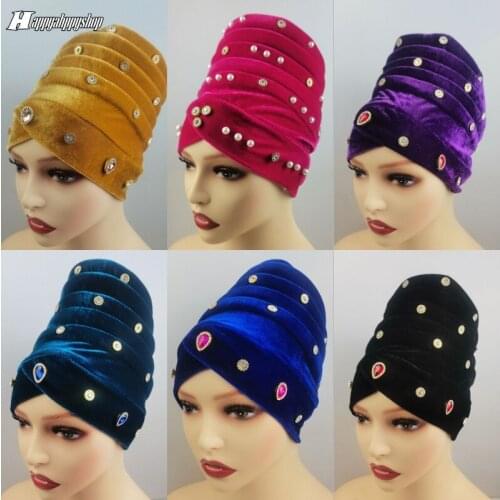 New Beading Velvet Turban Hat for Women Muslim Headscarf Bonnet Islamic Head Wraps African Ready to Wear Headtie Turbante Mujer