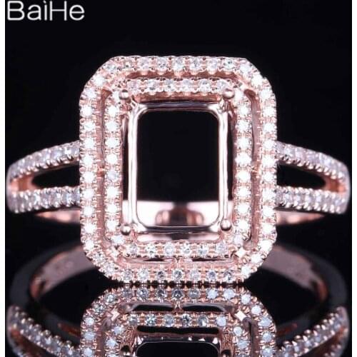 BAIHE Solid 14K Rose Gold(AU585) Certified Emerald cut Wedding Women Cute/Romantic Fine Jewelry Elegant unique Semi Mount Ring