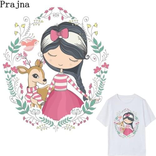 Prajna Cute Girl & Deer Patch Heat Transfers Cartoon Clothes Stickers Iron On Transfers Thermal Patches For Clothing Child DIY E