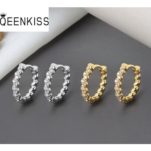 QEENKISS EG603 Fine Jewelry Wholesale Fashion Woman Girl Birthday Wedding Gift Round AAA Zircon 18KT Gold White Hoop Earrings
