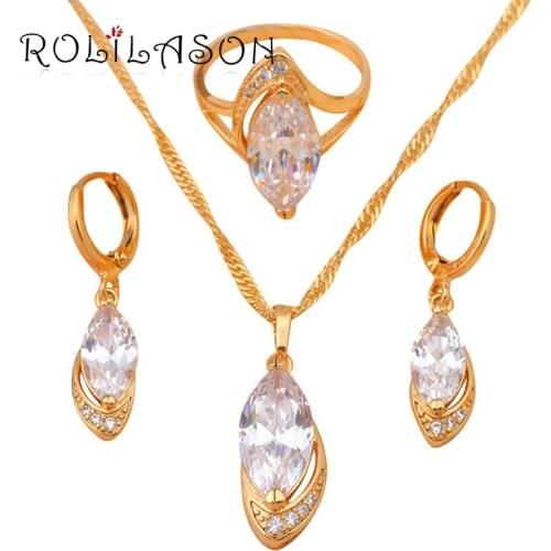 ROLILASON Luxury gold tone AAA zirconia Crystal Zircon Jewelry Sets Earrings Necklace Ring women size #6.75 #7.5 JS195