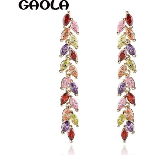 GAOLA Women Jewelry Geometric Long Leaves Earring Multicolor Cubic Zirconia Dangle Earrings GLE7560