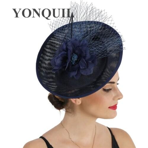 Navy Imitation Sinamay Big Millinery Cap Derby Party Fascinator Hat Flower Headwear For Women Ladies Occasion Hair Accessories