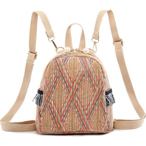 Straw Woven Bag Small Travel Backpacks Women Stripe Print Shoulder School Bags Casual Knitting Knapsack Rucksack
