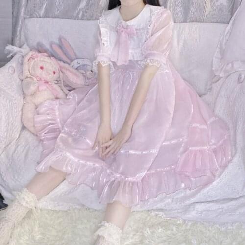 Lolita Fairy Dress Women Japanese Soft Girl sweet Pink Blue Balck Doll Collar Short Sleeve Dress Tea Party Princess 2021 New