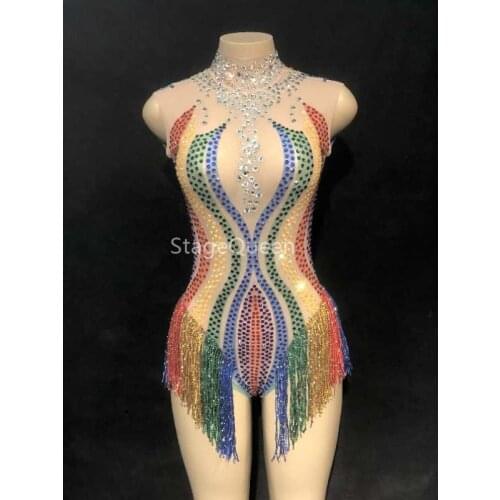 Colorful diamond transparent mesh tassel Crystals Jumpsuit Female Singer Dancer Sexy Costume One-piece Bodysuit Nightclub Outfit