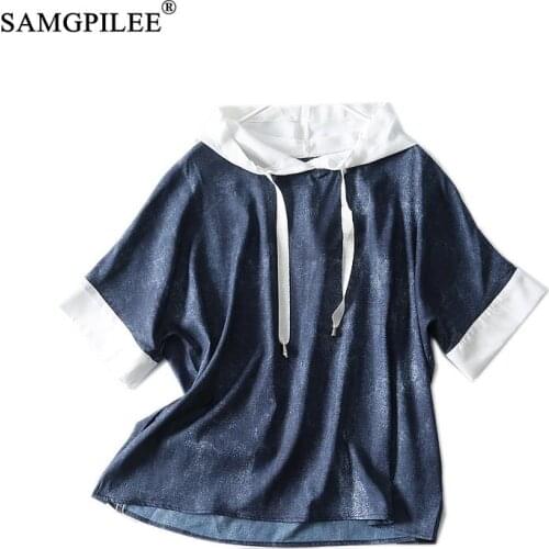 Women T-shirts 2021 Summer New Distressed Denim Color Casual Raglan Half Sleeve Loose Oversize T Shirt Plus Size 4XL