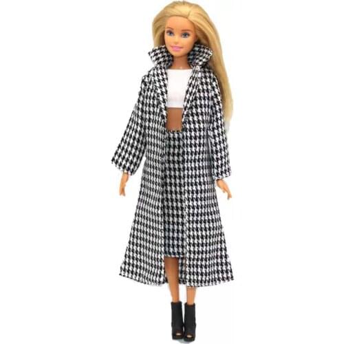 Black Houndstooth Plaid Winter Dress Jacket for Barbie Doll Clothes Outfit Parka Coat 1/6 BJD Dollhouse Accessories Girl DIY Toy