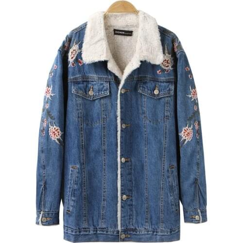 Winter Embroidery Flower Denim Jacket Women Autumn Female Warm Fleece Denim Coat Ladies Blue Jean Jacket Outwear Windbreaker