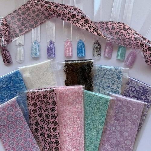 10rolls 4cm*120m Nail Foils Black Lace White Rose Flower Nail Sticker Decals Transfer Foil Slider Designs