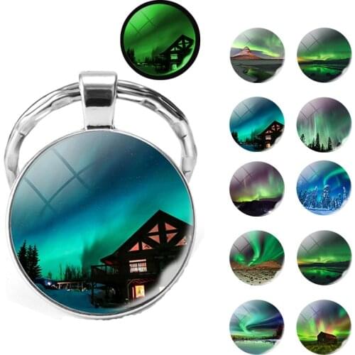 Northern Lights Keychain Luminous Keyring Glow In The Dark Glass Metal Key Chain Night Sky Art Keychain Astronomy Lover Gift