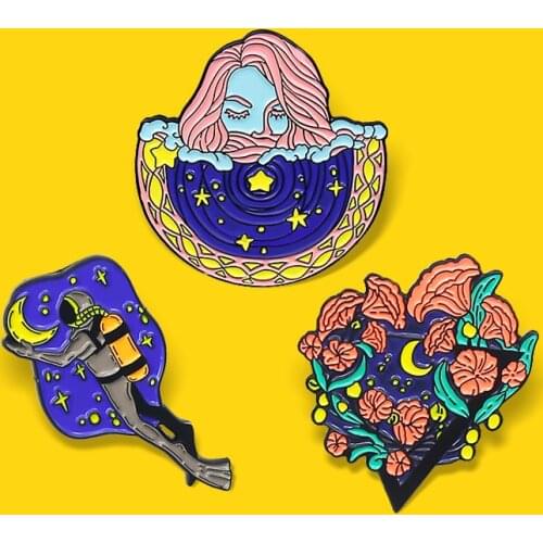 Starry Night Brooches Blue Night Moon Stars Astronaut Diver Beautiful girl Enamel Pin Cosmic Adventure Badge Lapel Jewelry Gift