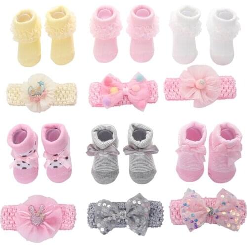 Newborn Baby Girl Lovely Socks Headband Set Flower Bowknot Crown Lace Headwrap + Booties Lace Cute Animal Decor Socks 2Pcs Set