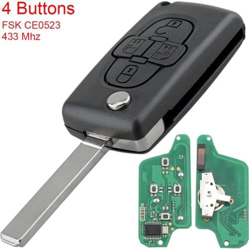 FSK 433Mhz 4 Buttons Flip Folding Remote Key Fob Control with ID46 Chip and VA2 Blade CE0523 Fit for Peugeot 1007 Citroen C8