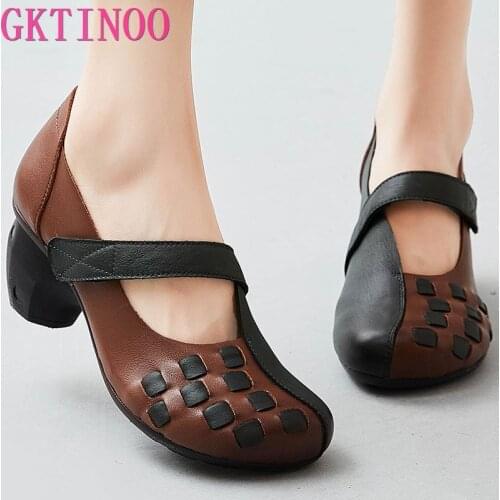 GKTINOO Retro Pumps Women Shoes Genuine Leather Hook & Loop Mixed Colors 2021 New Spring/Autumn Handmade Concise Ladies Shoes