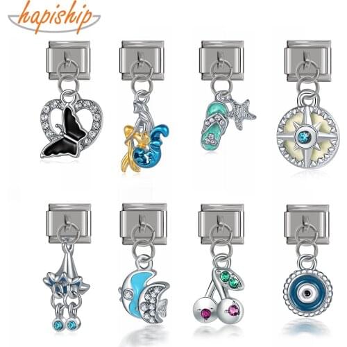 Hapiship New Original Daisy Fashion Fish Butterfly Eye CZ Charm Links Fit 9mm Bracelet Stainless Steel Jewelry Making DJTop76