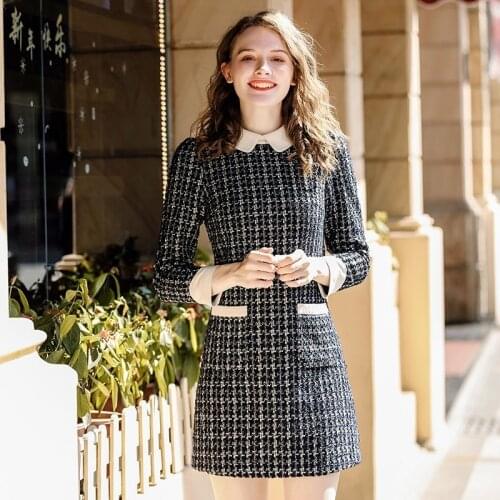 Korean Slim Lapel Women Dress Fleece Lining Thick Warm Plaid Luxury Party Dress Female Fashion Casual Long Sleeve Clothes Winter