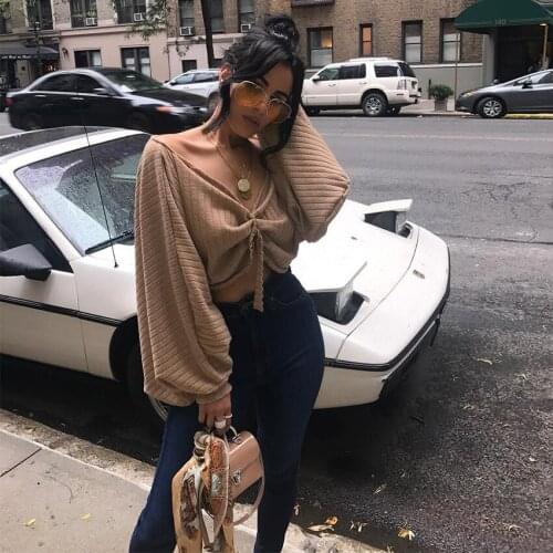 Fashion Europe Style T Shirt Woman Sexy & Club Slash Neck Crop Top Woman Lantern Sleeve Short Solid Pullover Knit T Shirt