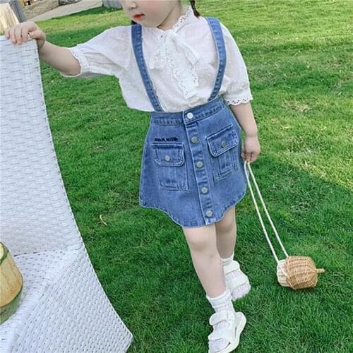 Fashion 2Pieces Kids Suit Set, Girls Lace Trim Stand Collar Elbow Sleeve Shirt+ Suspender Skirt for Summer, 2-10 Years