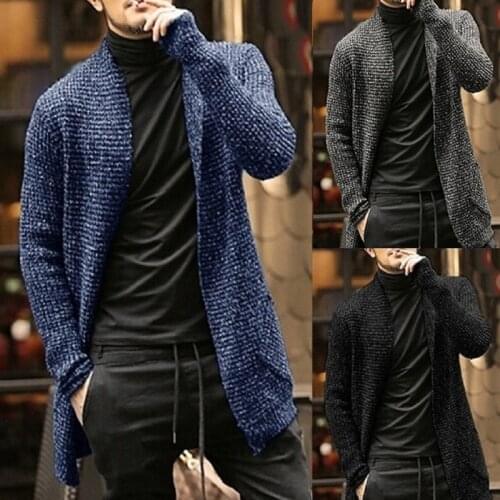 2020 Blue Winter Men‘’s Cardigan Long Sweater Casual Knitted Sweaters For Men Fashion Solid Color Autumn Male Outerwear Tops