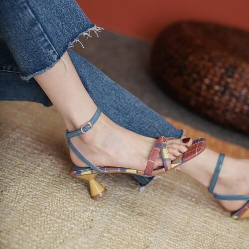 New Shoes for Women Fashion Plaid Cloth Sandals Buckle Strap Handmade Concise Retro Shallow Summer Shoes Heels High (5cm-8cm)